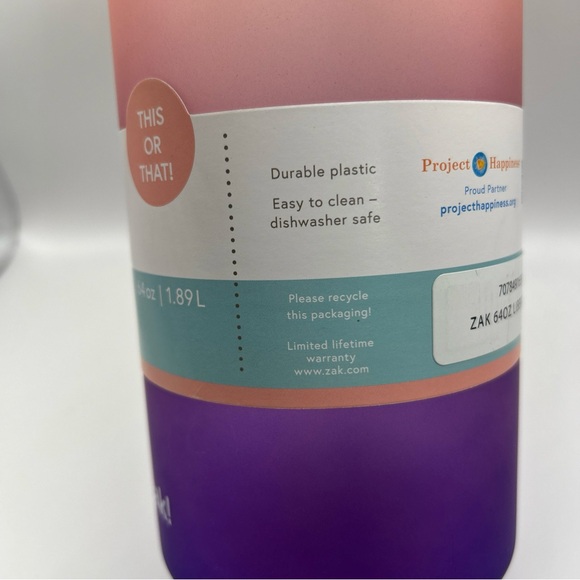 zak! Leak-Proof Duo Gulp Lid BPA-Free Water Bottle 64oz Pink Purple-NEW! - Picture 4 of 5